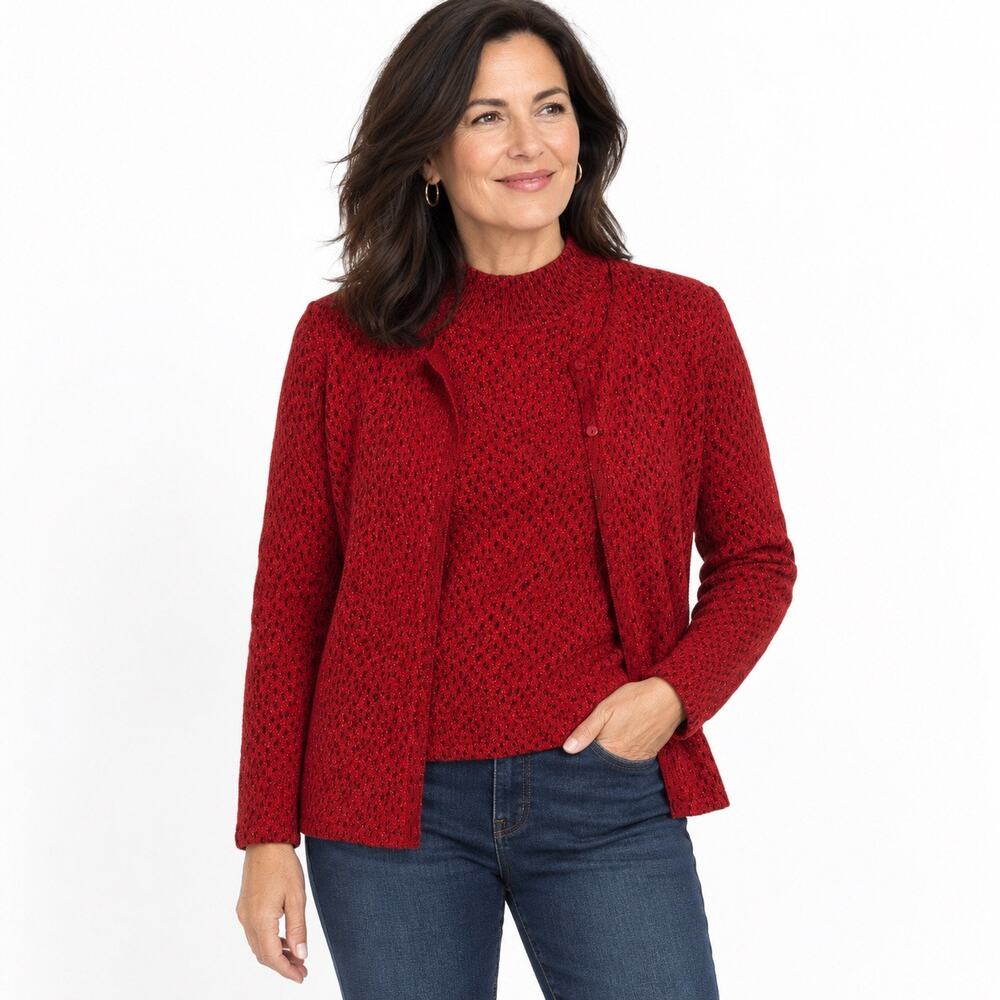 Style & Co Two piece cardigan sweater red shimmer cheetah print Women S